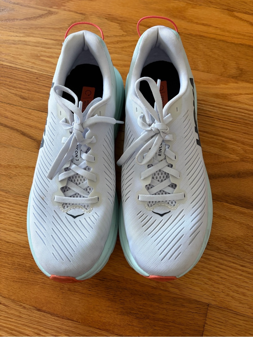 Hoka Women's Clifton 8 - White and Mint Athletic Running Shoes with Coral Accent - Picture 5 of 5